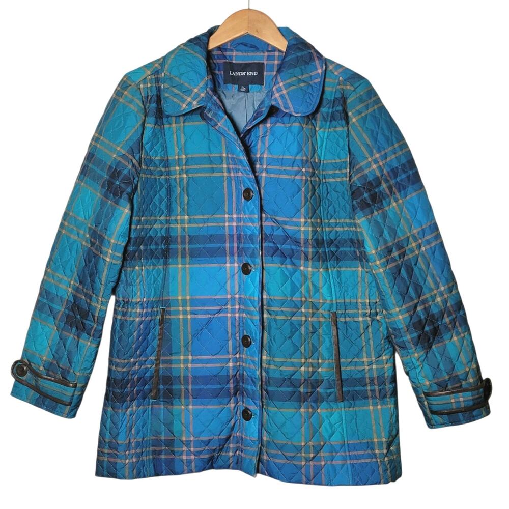 Lands' End Plaid Quilted Barn Jacket Button Front Teal Blue Primaloft Preppy L